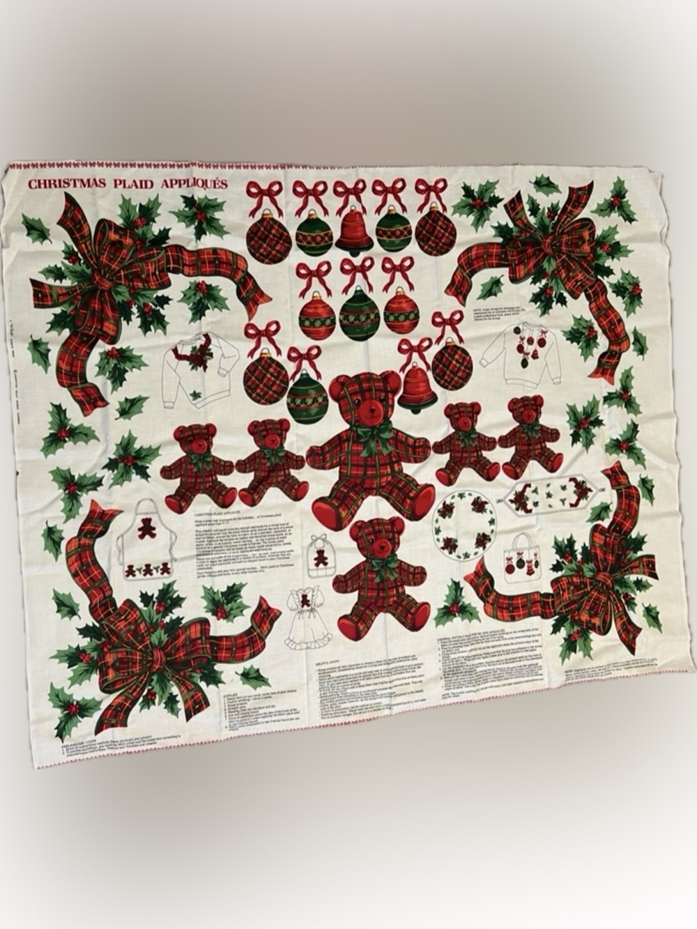 🔴Vintage Tartan Plaid Teddy Bear Christmas Holiday Fabric Panel Floral Ribbon